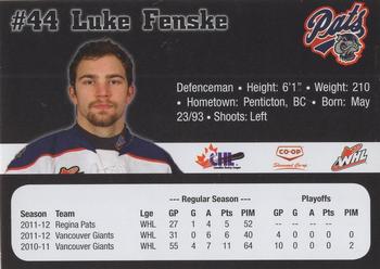 2012-13 Co-op Regina Pats (WHL) #NNO Luke Fenske Back