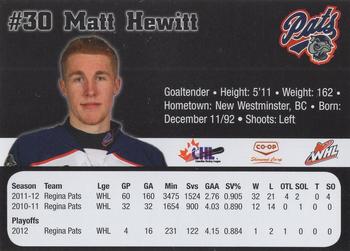 2012-13 Co-op Regina Pats (WHL) #NNO Matt Hewitt Back