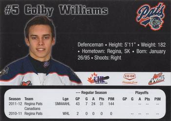 2012-13 Co-op Regina Pats (WHL) #NNO Colby Williams Back