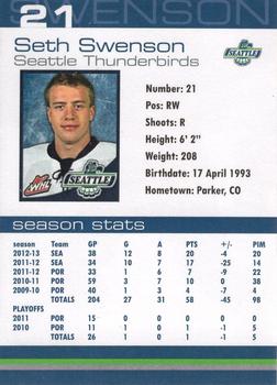 2012-13 Booster Club Seattle Thunderbirds (WHL) #18 Seth Swenson Back