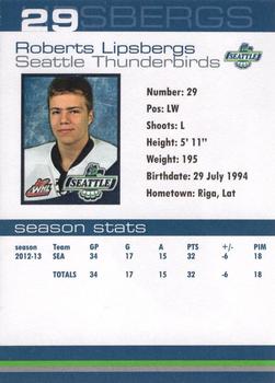 2012-13 Booster Club Seattle Thunderbirds (WHL) #22 Roberts Lipsbergs Back