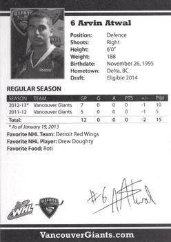 2012-13 Vancouver Giants (WHL) #NNO Arvin Atwal Back