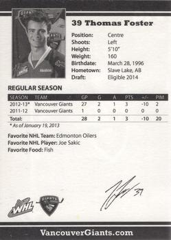 2012-13 Vancouver Giants (WHL) #NNO Thomas Foster Back