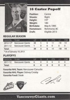 2012-13 Vancouver Giants (WHL) #NNO Carter Popoff Back