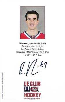 2013-14 Montreal Canadiens #NNO Raphael Diaz Back