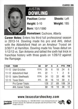 2013-14 Choice Texas Stars (AHL) #6 Justin Dowling Back