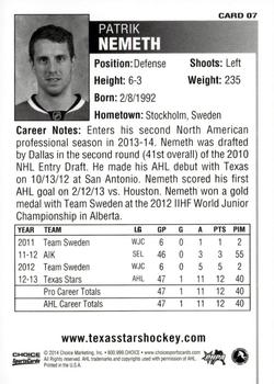 2013-14 Choice Texas Stars (AHL) #7 Patrik Nemeth Back