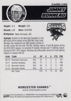 2013-14 Choice Worcester Sharks (AHL) #25 Jimmy Bonneau Back