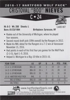 2016-17 Choice Hartford Wolf Pack (AHL) #17 Cristoval Nieves Back