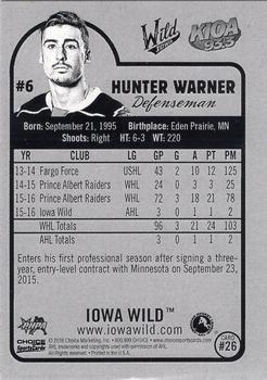 2016-17 Choice Iowa Wild (AHL) #26 Hunter Warner Back