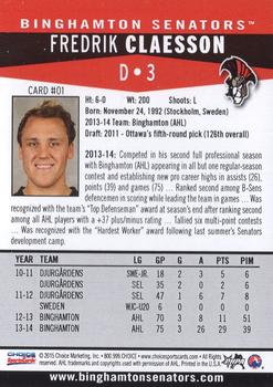 2014-15 Choice Binghamton Senators (AHL) #1 Fredrik Claesson Back