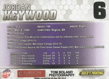 2014-15 Rieck's Printing Reading Royals (ECHL) #NNO Jordan Heywood Back