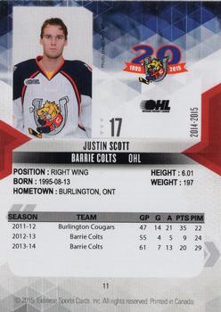 2014-15 Extreme Barrie Colts OHL #11 Justin Scott Back