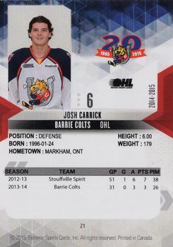 2014-15 Extreme Barrie Colts OHL #21 Josh Carrick Back