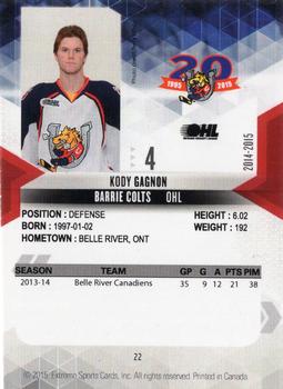 2014-15 Extreme Barrie Colts OHL #22 Kody Gagnon Back