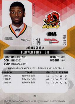 2014-15 Extreme Belleville Bulls OHL #10 Jordan Subban Back