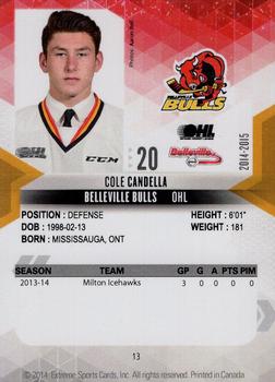 2014-15 Extreme Belleville Bulls OHL #13 Cole Candella Back