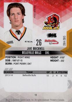 2014-15 Extreme Belleville Bulls OHL #18 Jake Bricknell Back