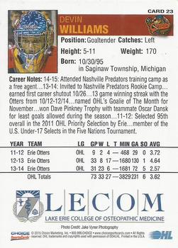 2014-15 Choice Erie Otters (OHL) #23 Devin Williams Back