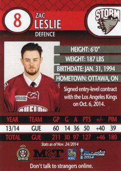 2014-15 M&T Printing Guelph Storm (OHL) #A-04 Zac Leslie Back