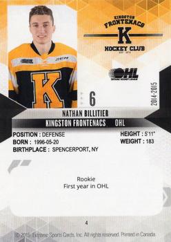 2014-15 Extreme Kingston Frontenacs OHL #4 Nathan Billitier Back