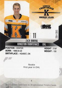 2014-15 Extreme Kingston Frontenacs OHL #6 Zack Dorval Back