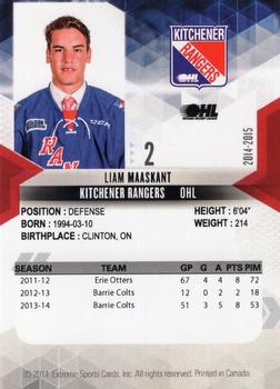 2014-15 Extreme Kitchener Rangers OHL #1 Liam Maaskant Back