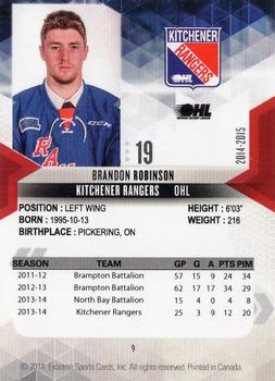 2014-15 Extreme Kitchener Rangers OHL #9 Brandon Robinson Back