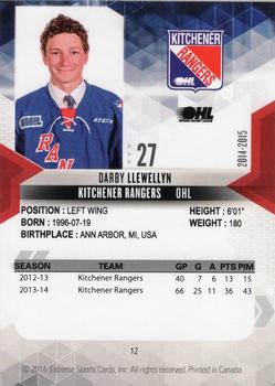 2014-15 Extreme Kitchener Rangers OHL #12 Darby Llewellyn Back