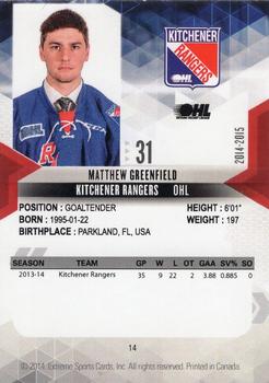2014-15 Extreme Kitchener Rangers OHL #14 Matthew Greenfield Back
