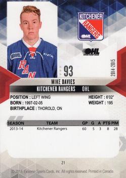2014-15 Extreme Kitchener Rangers OHL #21 Mike Davies Back