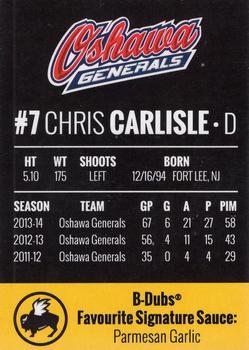 2014-15 Buffalo Wild Wings Oshawa Generals (OHL) #5 Chris Carlisle Back