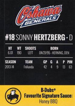 2014-15 Buffalo Wild Wings Oshawa Generals (OHL) #11 Sonny Hertzberg Back