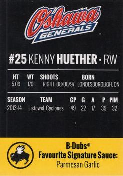 2014-15 Buffalo Wild Wings Oshawa Generals (OHL) #12 Kenny Huether Back