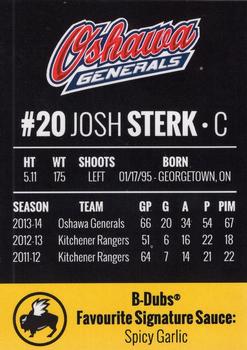 2014-15 Buffalo Wild Wings Oshawa Generals (OHL) #20 Josh Sterk Back