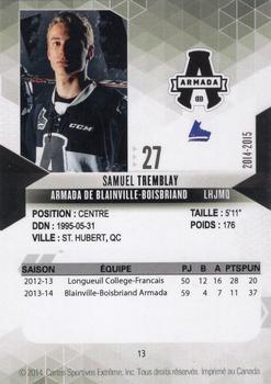 2014-15 Extreme Blainville-Boisbriand Armada QMJHL #13 Samuel Tremblay Back
