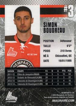2014-15 Imaginaire.com Quebec Remparts (QMJHL) #2 Simon Boudreau Back