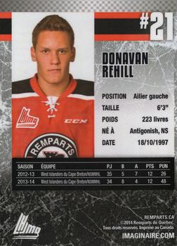 2014-15 Imaginaire.com Quebec Remparts (QMJHL) #12 Donovan Rehill Back