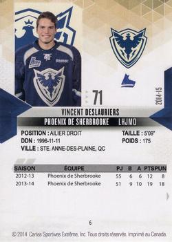 2014-15 Extreme Sherbrooke Phoenix QMJHL #6 Vincent Deslauriers Back