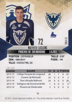 2014-15 Extreme Sherbrooke Phoenix QMJHL #10 Mathieu Leclerc Back