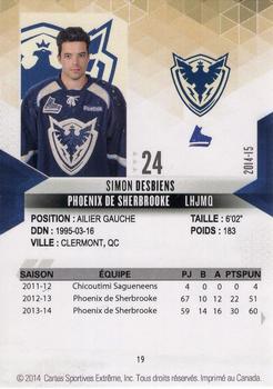 2014-15 Extreme Sherbrooke Phoenix QMJHL #19 Simon Desbiens Back