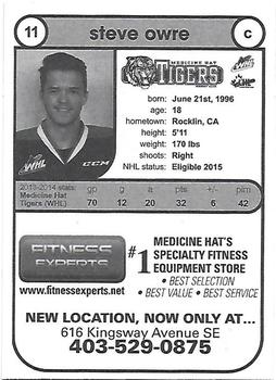 2014-15 Medicine Hat Tigers (WHL) #8 Steven Owre Back