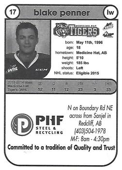2014-15 Medicine Hat Tigers (WHL) #12 Blake Penner Back