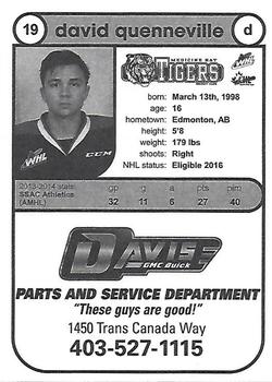 2014-15 Medicine Hat Tigers (WHL) #14 David Quenneville Back