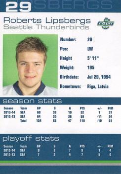 2014-15 Booster Club Seattle Thunderbirds (WHL) #22 Roberts Lipsbergs Back