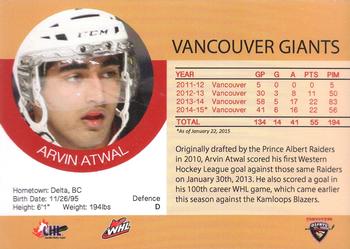 2014-15 Vancouver Giants (WHL) #NNO Arvin Atwal Back