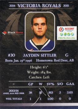 2014-15 Black Press Victoria Royals (WHL) #NNO Jayden Sittler Back