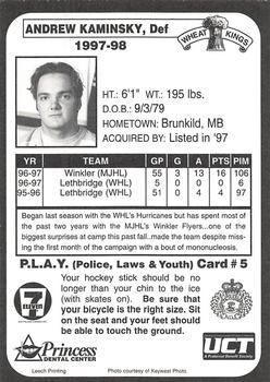 1997-98 McDonald's Brandon Wheat Kings (WHL) #5 Andrew Kaminsky Back