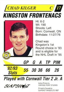 1993-94 Slapshot Kingston Frontenacs (OHL) #17 Chad Kilger Back