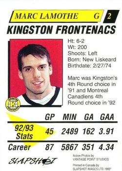 1993-94 Slapshot Kingston Frontenacs (OHL) #2 Marc Lamothe Back